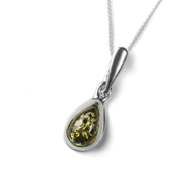 Teardrop Necklace in Silver and Green Amber sold by Henryka