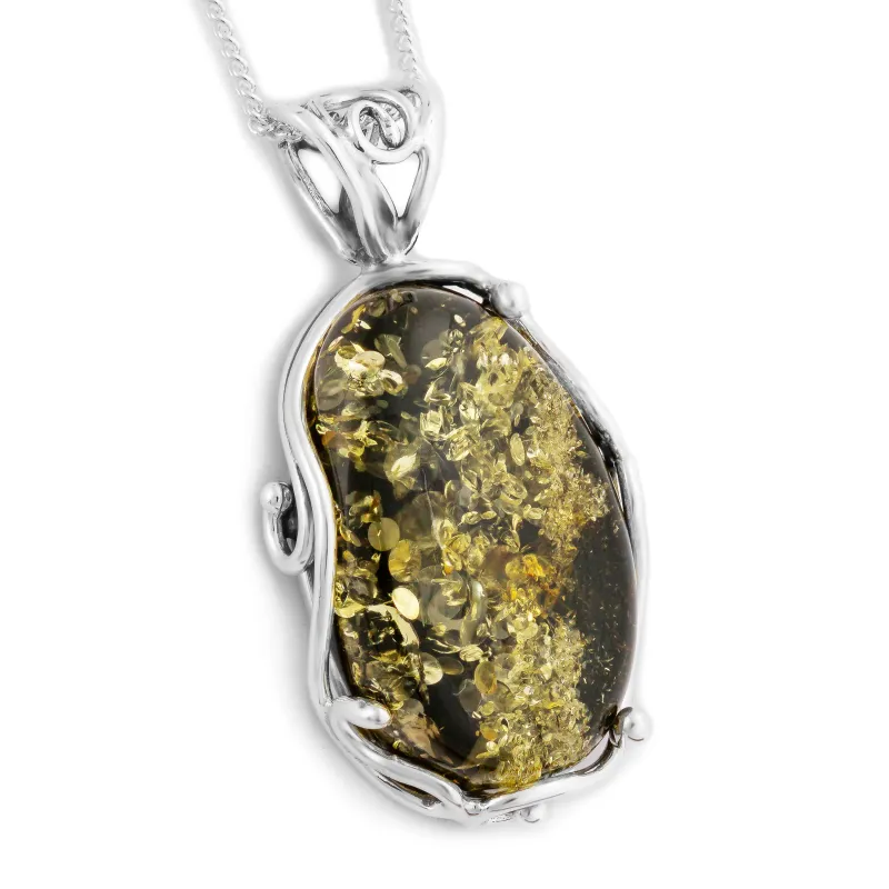Fancy Green Amber and Silver Necklace - Natural Designer Gemstone sold by Henryka