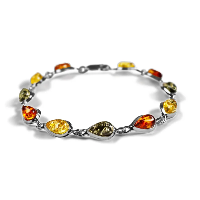 Teardrop Link Bracelet in Silver & Multi Amber made by Henryka