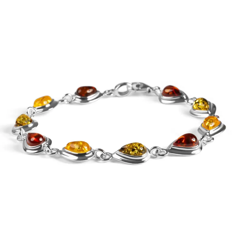 Classic Teardrop Link Bracelet in Silver with Multi Amber made by Henryka