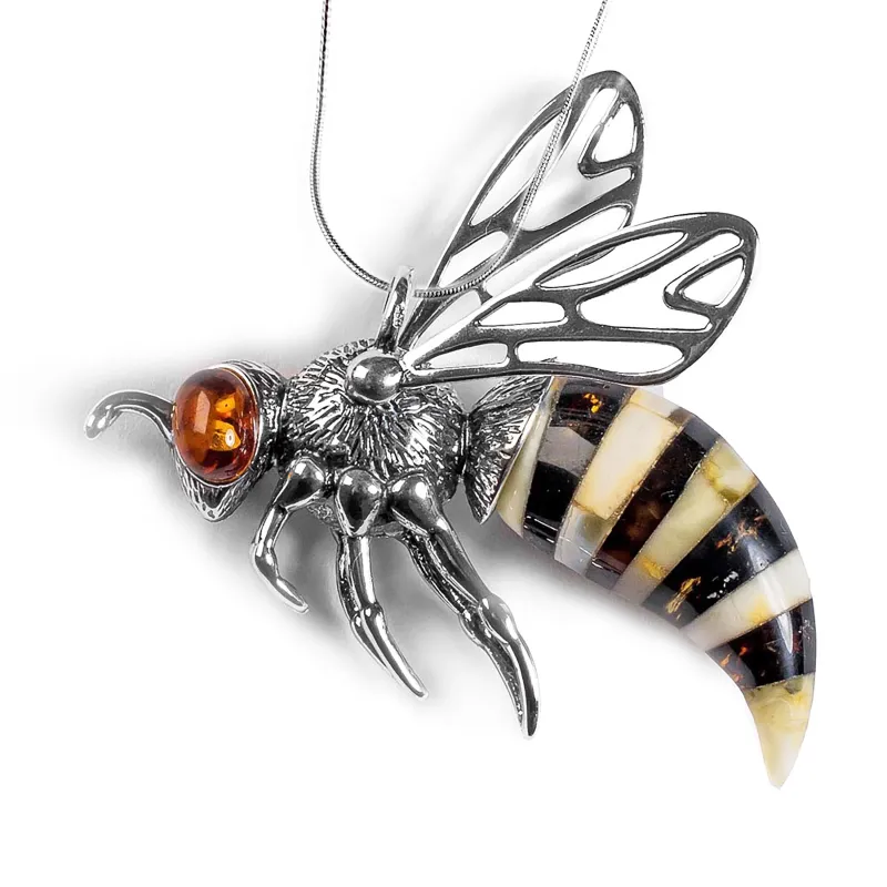 Large Hornet Bee Necklace in Silver and Rough Amber sold by Henryka