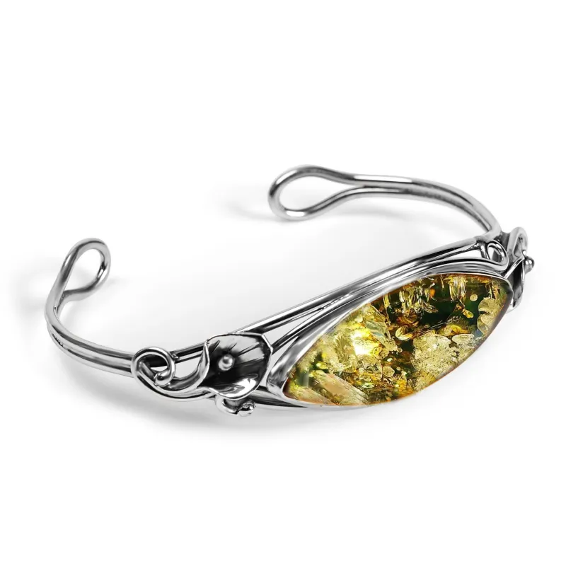Handmade Statement Lily Motif Bracelet in Silver and Green Baltic Amber sold by Henryka