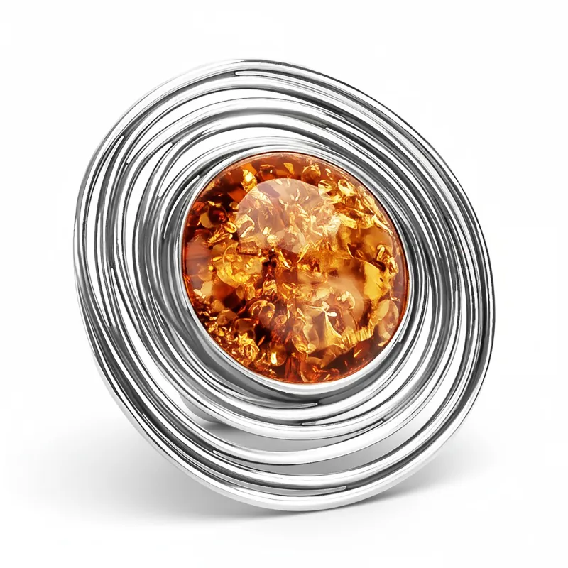 Handmade Swirl Design Cognac Baltic Amber and Silver Ring sold by Henryka