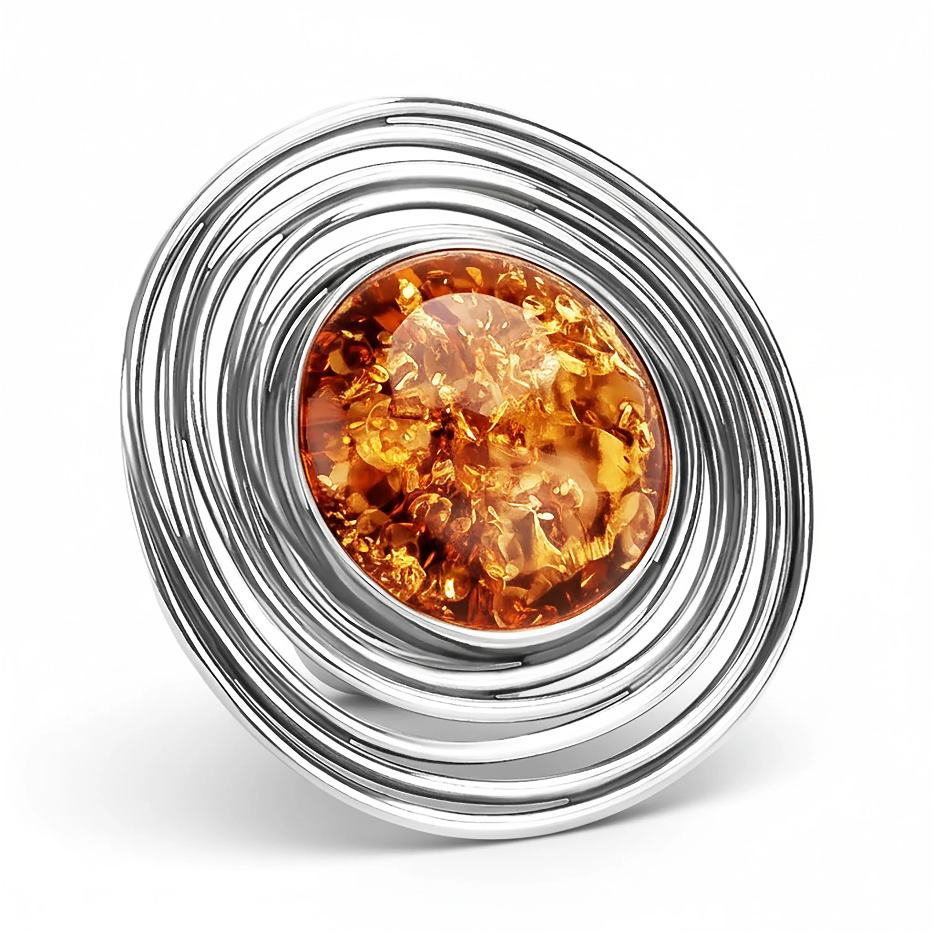 Handmade Swirl Design Cognac Baltic Amber and Silver Ring sold by Henryka