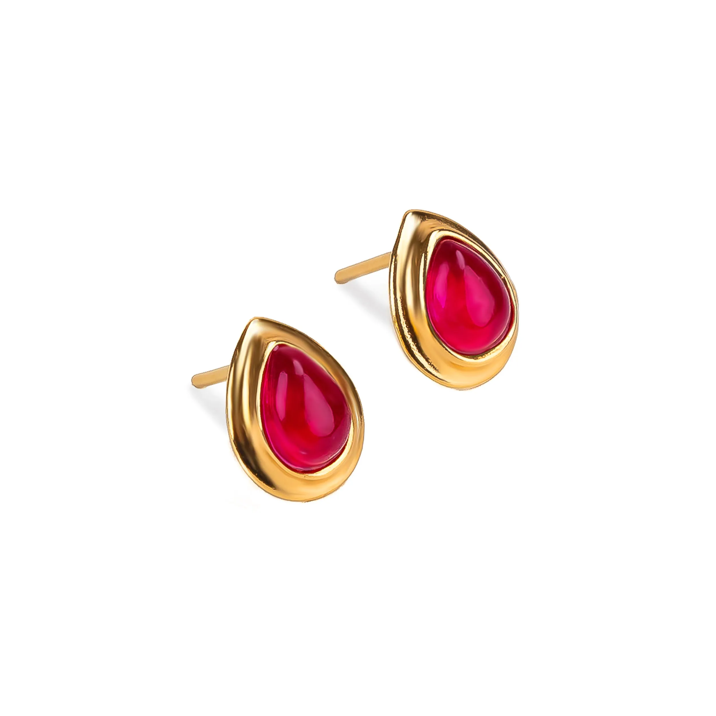 Classic Teardrop Stud Earrings in Silver with 24ct Gold and Ruby sold by Henryka