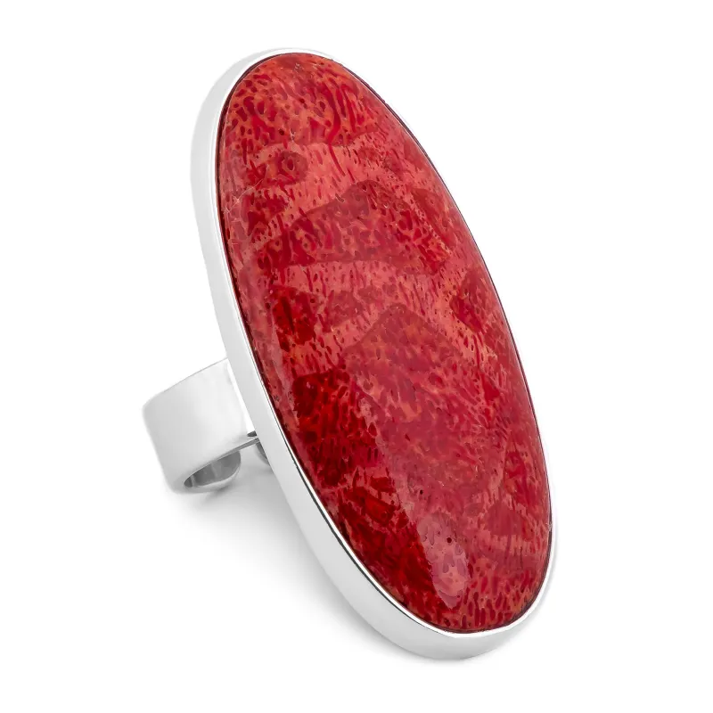 Fossilised Red Horn Coral Ring - Natural Designer Gemstone made by Henryka