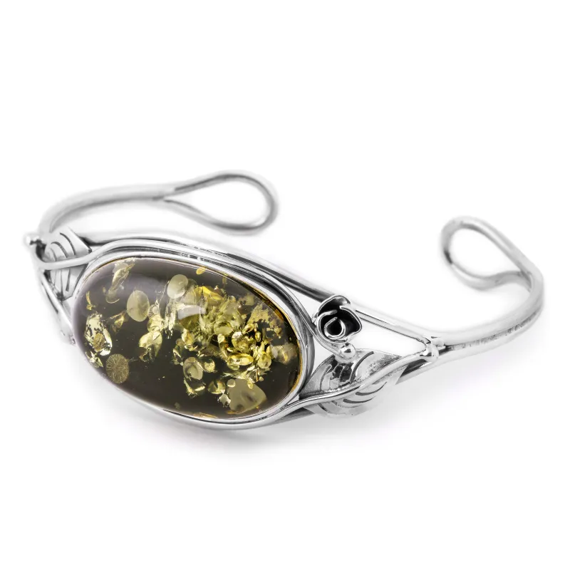 Exquisite Handmade Statement Bracelet in Silver and Green Baltic Amber sold by Henryka