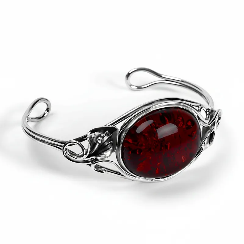 Handmade Statement Vintage Style Bracelet in Silver and Baltic Cherry Amber sold by Henryka