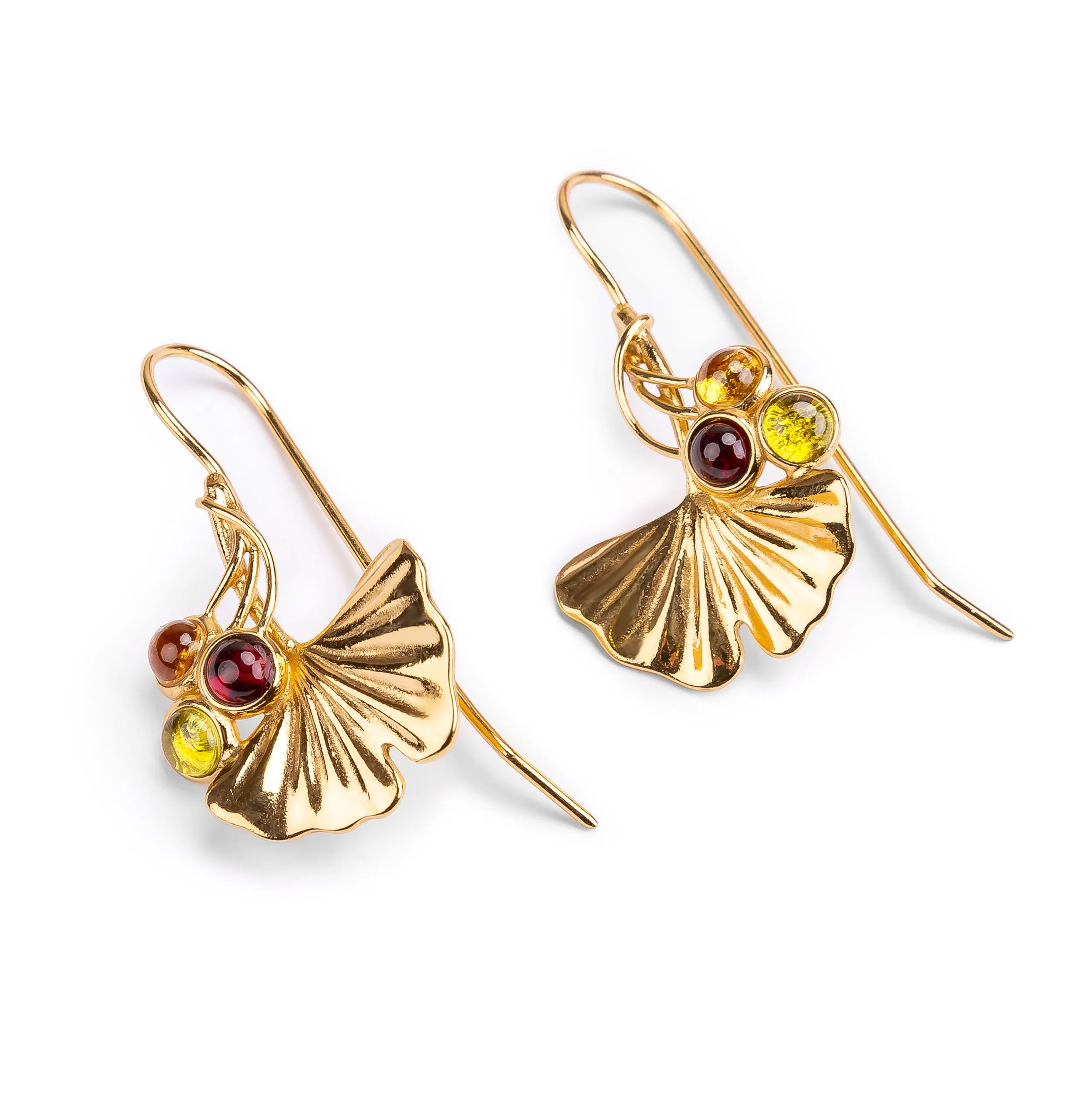 Ginkgo Flower Hook Earrings in Silver with 24ct Gold with Garnet, Peridot & Citrine sold by Henryka