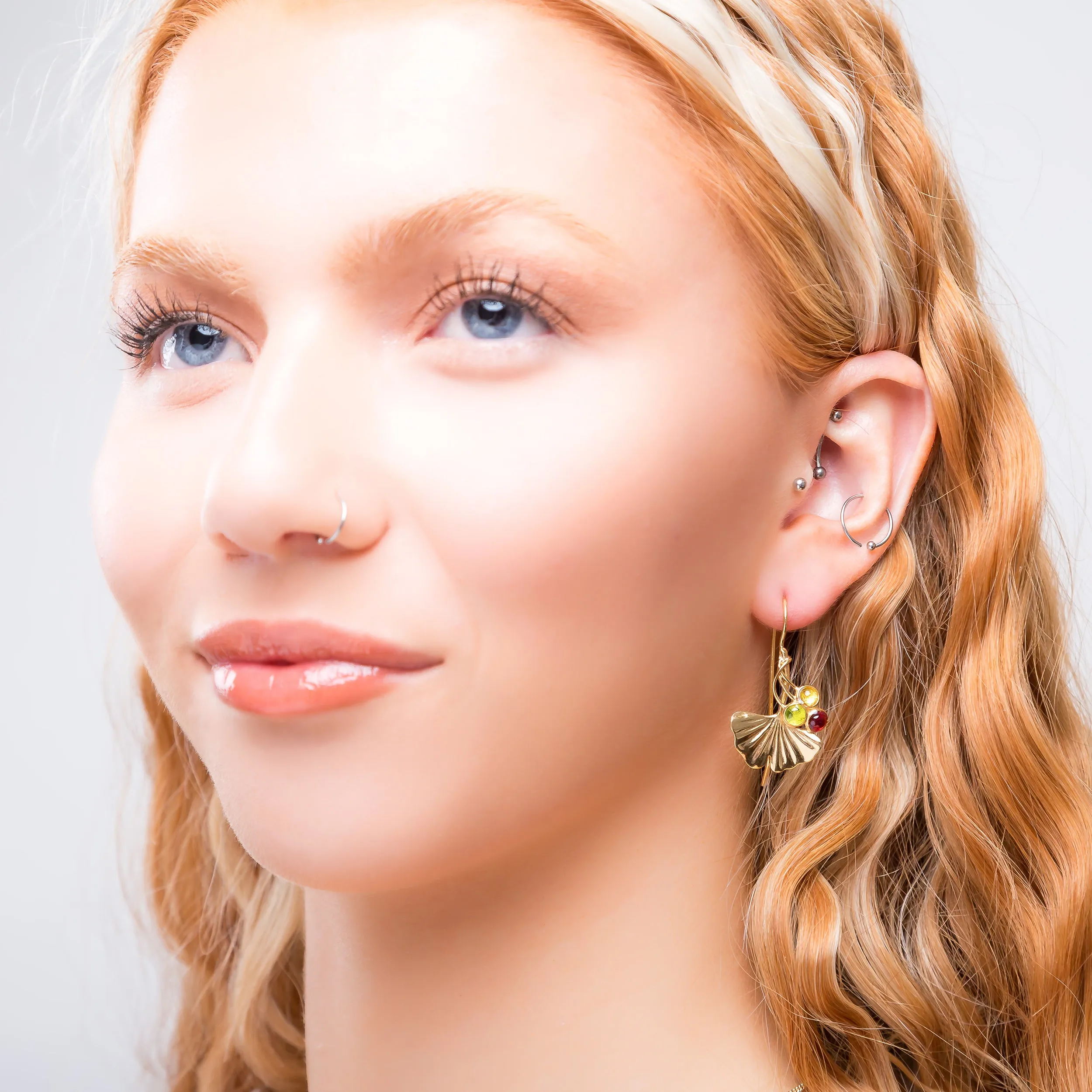 Ginkgo Flower Hook Earrings in Silver with 24ct Gold with Garnet, Peridot & Citrine sold by Henryka product image thumbnail 3