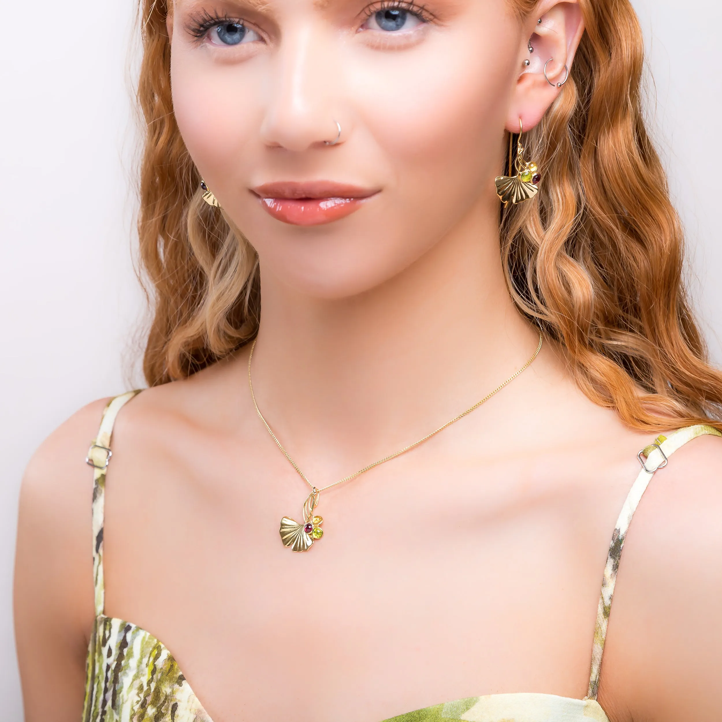 Ginkgo Flower Hook Earrings in Silver with 24ct Gold with Garnet, Peridot & Citrine sold by Henryka product image thumbnail 4