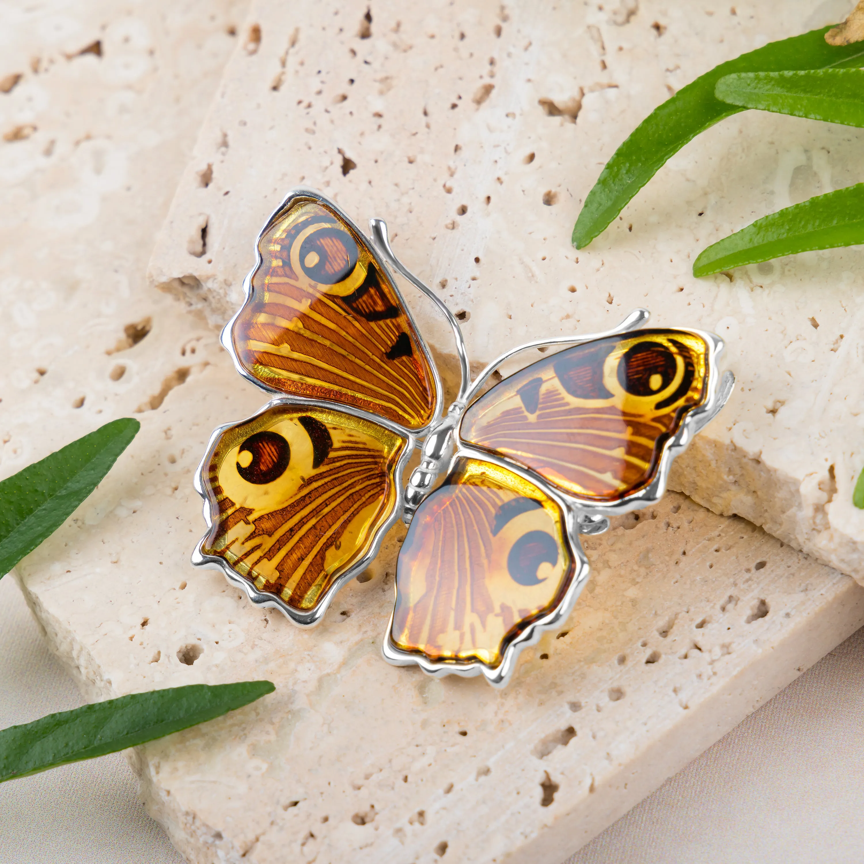 Statement Peacock Butterfly Brooch in Silver and Amber sold by Henryka product image thumbnail 2