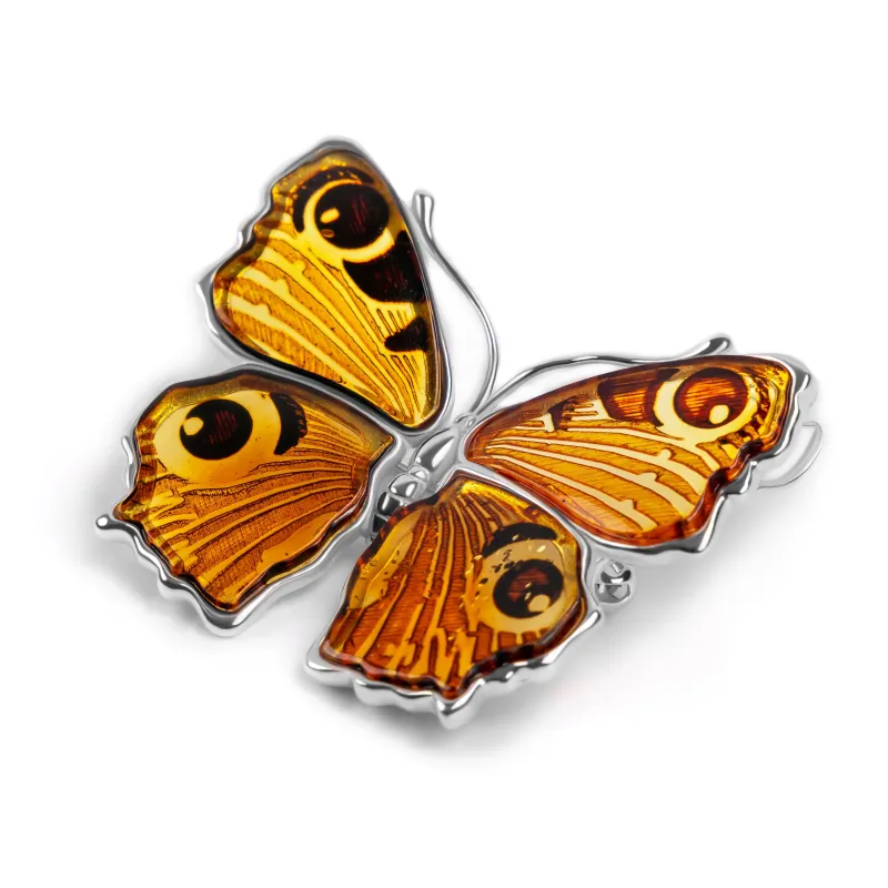 Statement Peacock Butterfly Brooch in Silver and Amber sold by Henryka