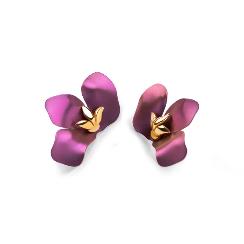 Abstract Half Flower Stud Earrings in Titanium & Sterling Silver with 24ct Gold made by Henryka