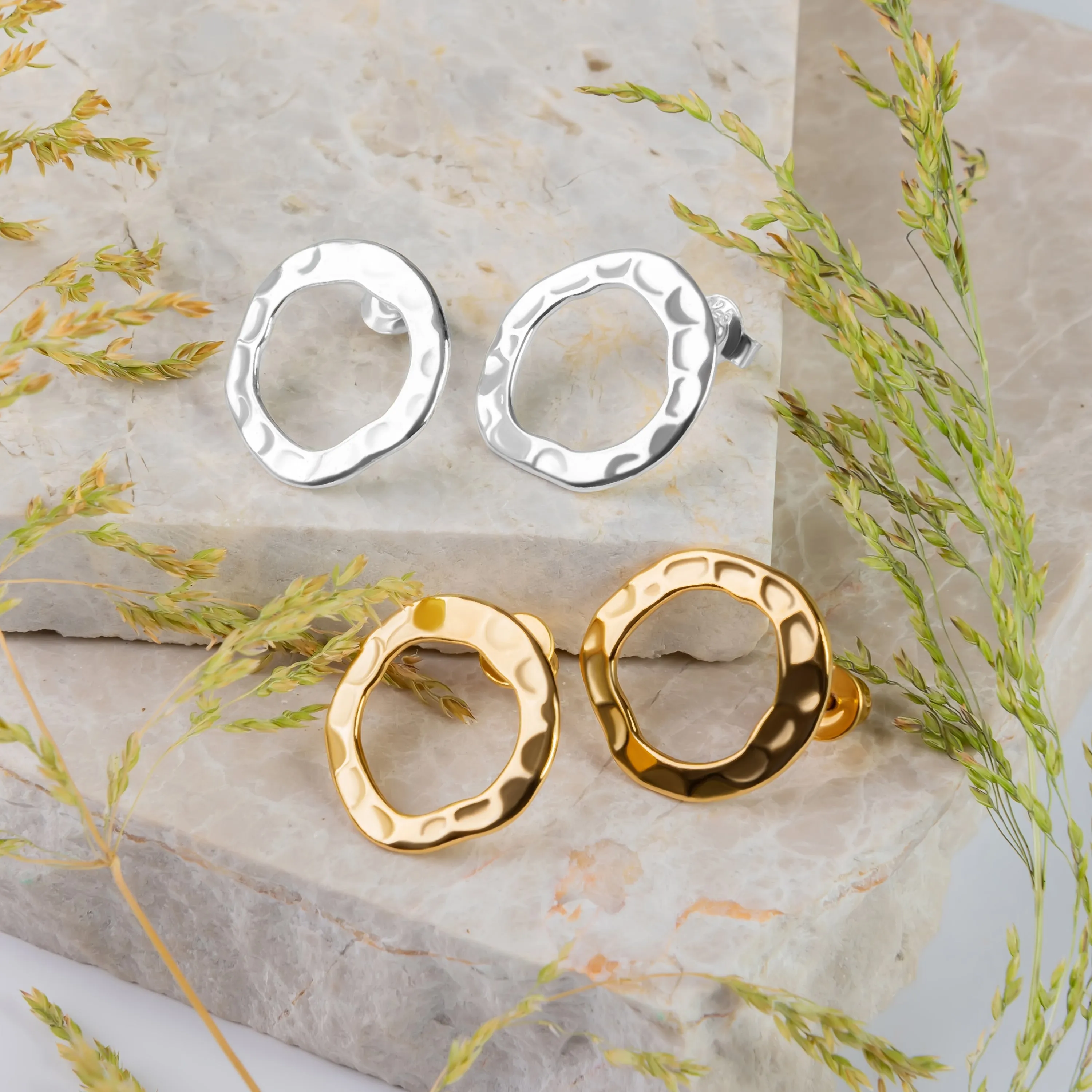 Open Circle Hammered Stud Earrings in Sterling Silver sold by Henryka product image thumbnail 5