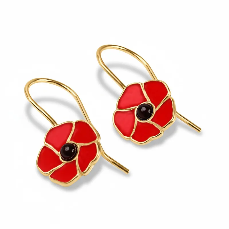 Red Poppy Flower Hook Earrings in Silver with 24ct Gold and Amber made by Henryka