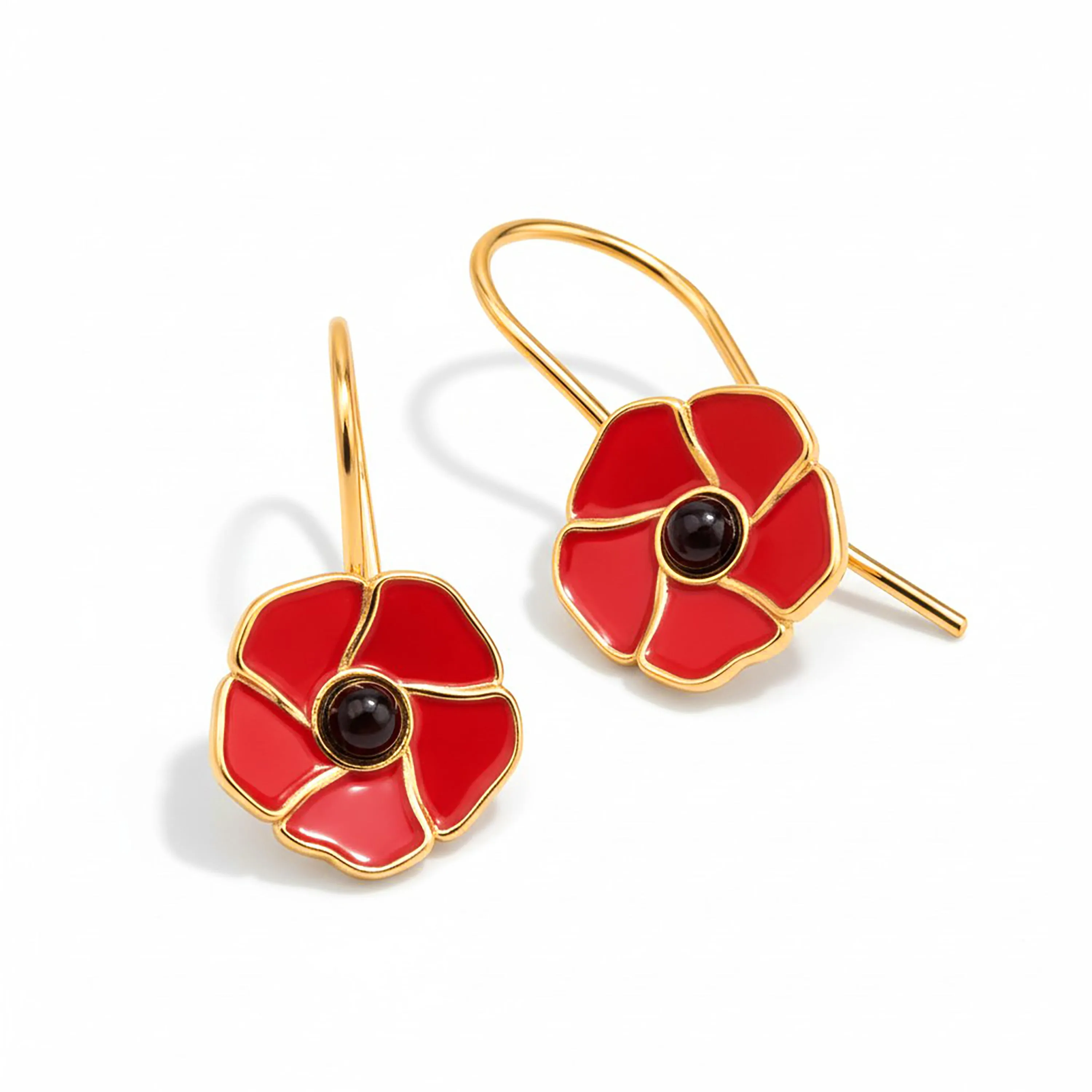 Red Poppy Flower Hook Earrings in Silver with 24ct Gold and Amber sold by Henryka product image thumbnail 2