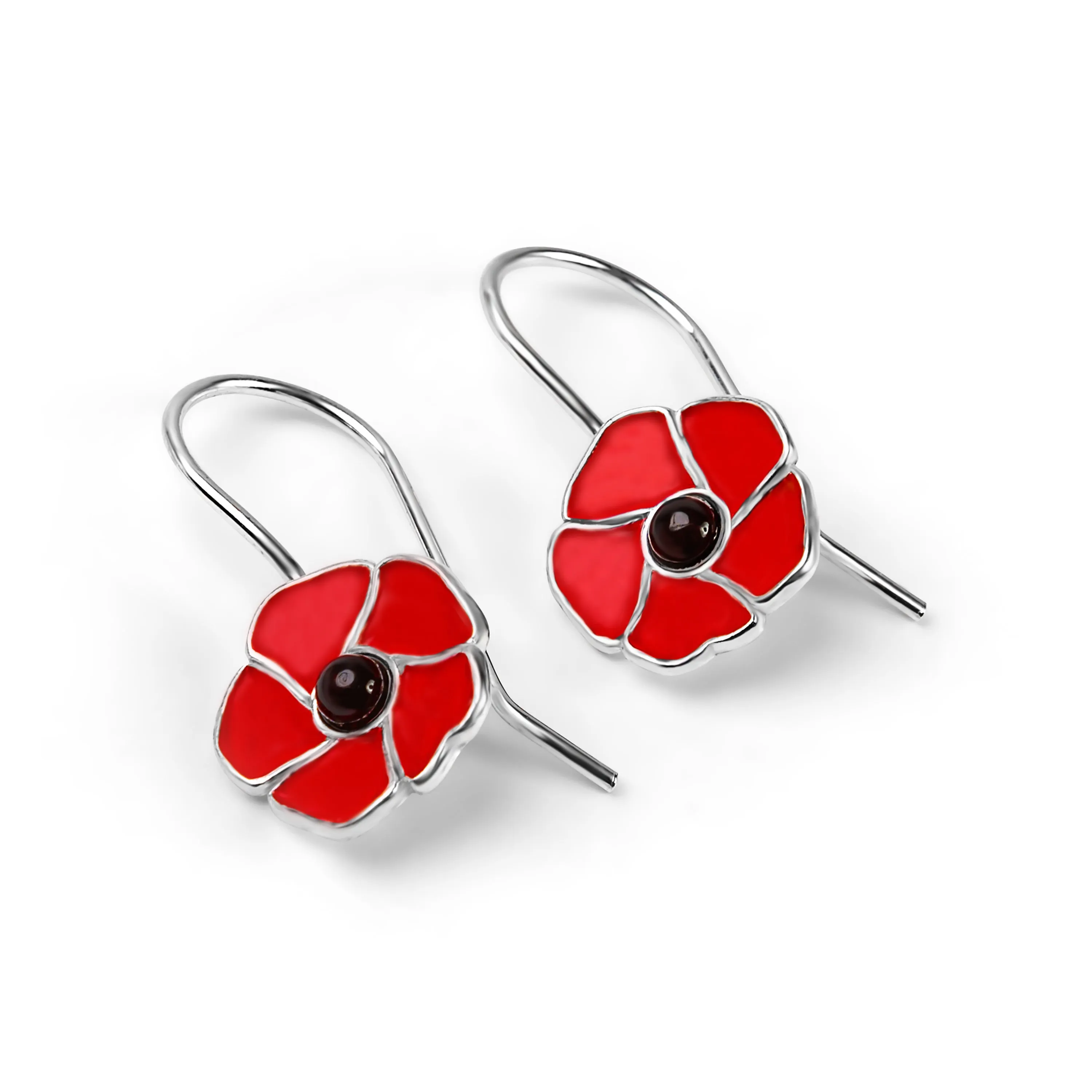 Red Poppy Flower Hook Earrings in Silver with 24ct Gold and Amber sold by Henryka product image thumbnail 3