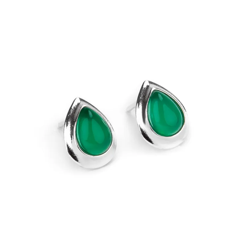 Classic Teardrop Stud Earrings in Silver and Green Onyx sold by Henryka