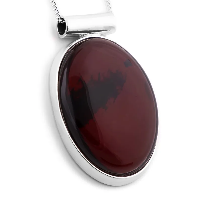 Stylish Oval Cherry Baltic Amber & Silver Necklace - Natural Designer Gemstone made by Henryka