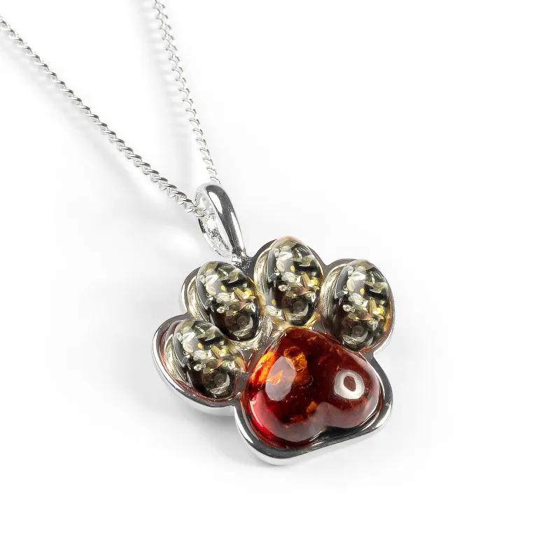 Paw Print Necklace in Silver and Cognac Amber & Green Amber made by Henryka