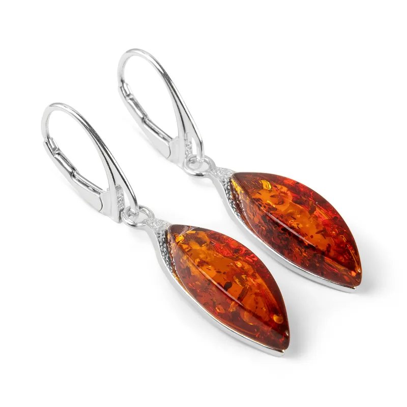 Marquise Cut Drop Earrings in Sterling Silver & Cognac Amber sold by Henryka