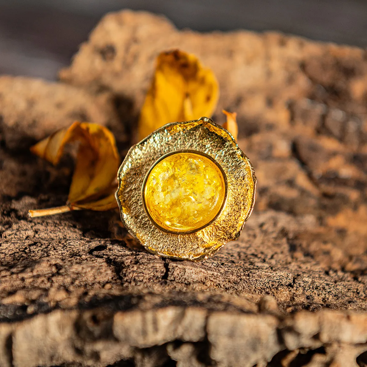 Epic Round Sterling Silver with 24ct Gold & Yellow Amber Ring sold by Henryka product image thumbnail 2