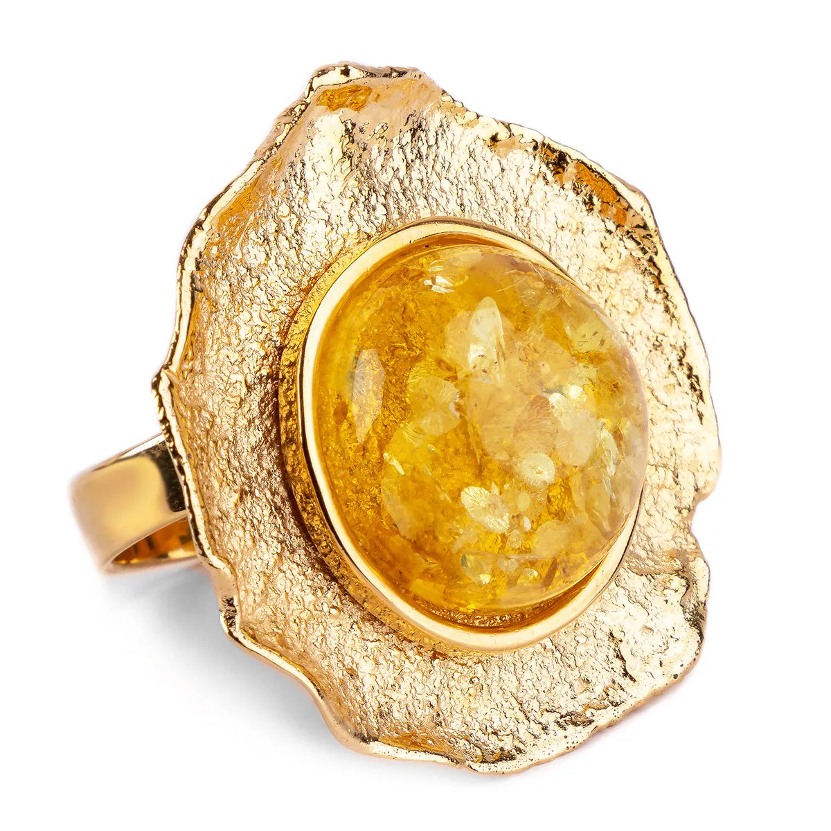 Epic Round Sterling Silver with 24ct Gold & Yellow Amber Ring sold by Henryka