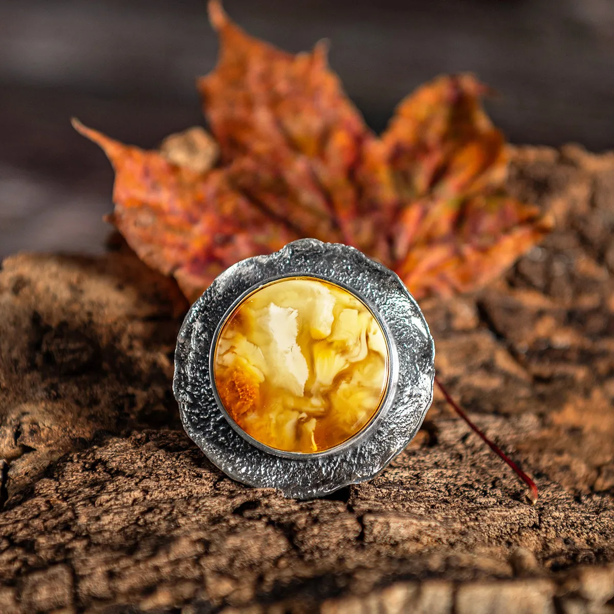Epic Statement Round Sterling Silver & Natural Amber Ring sold by Henryka product image thumbnail 2