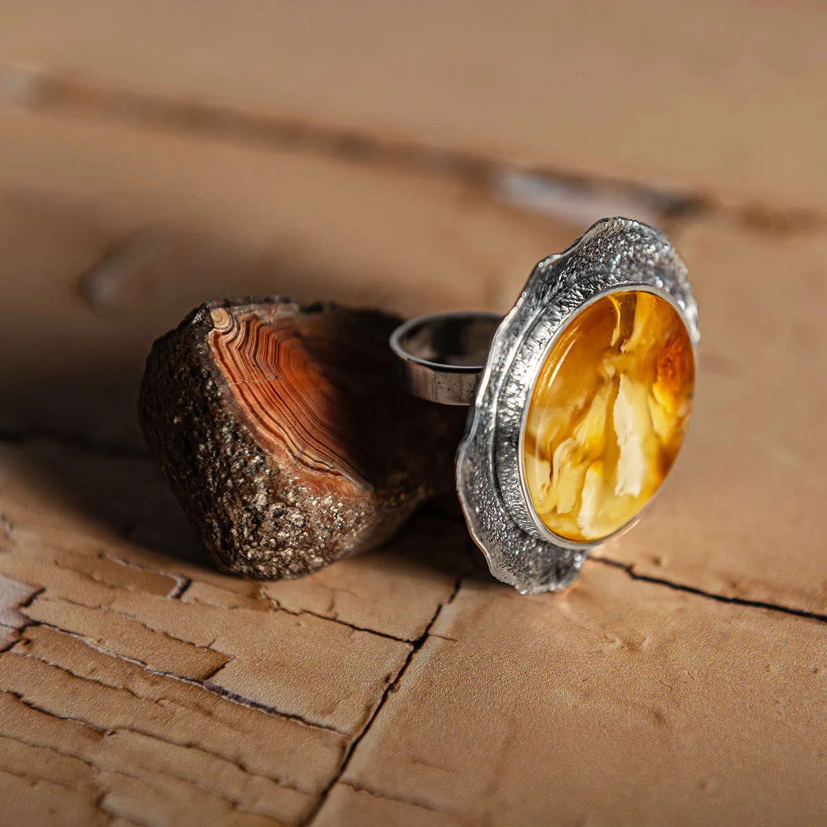 Epic Statement Round Sterling Silver & Natural Amber Ring sold by Henryka product image thumbnail 3