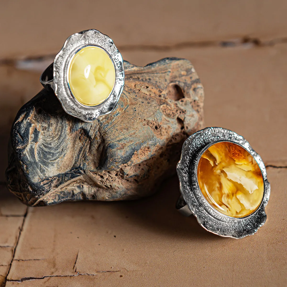 Epic Statement Round Sterling Silver & Natural Amber Ring sold by Henryka product image thumbnail 4