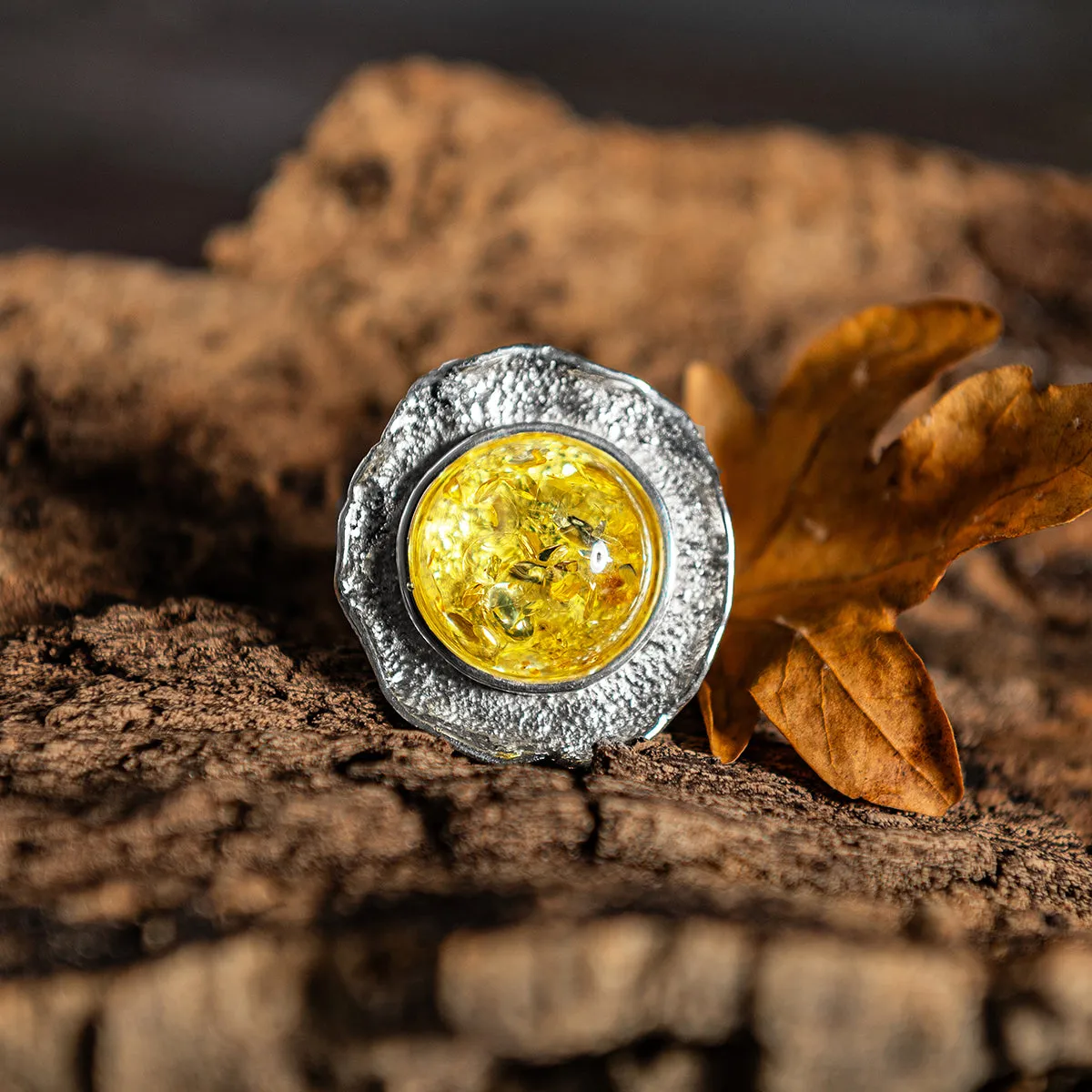 Epic Round Sterling Silver & Yellow Amber Ring sold by Henryka product image thumbnail 2