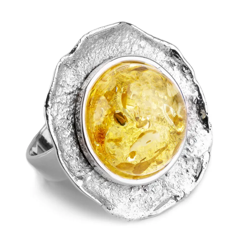 Epic Round Sterling Silver & Yellow Amber Ring made by Henryka