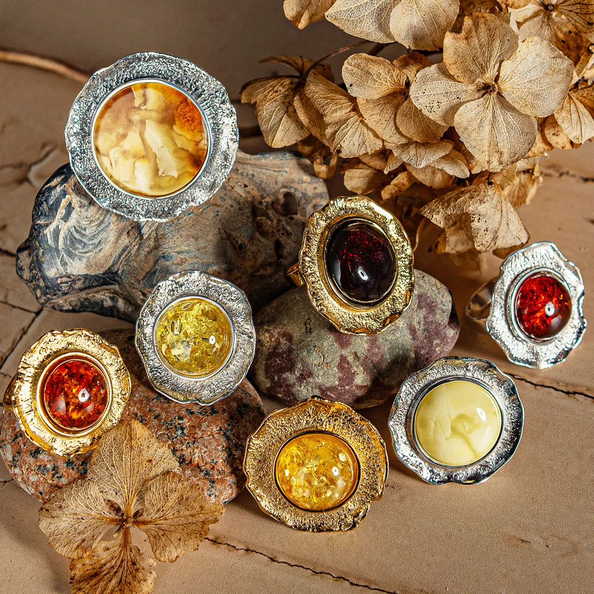 Epic Round Sterling Silver with 24ct Gold & Cognac Amber Ring sold by Henryka product image thumbnail 3