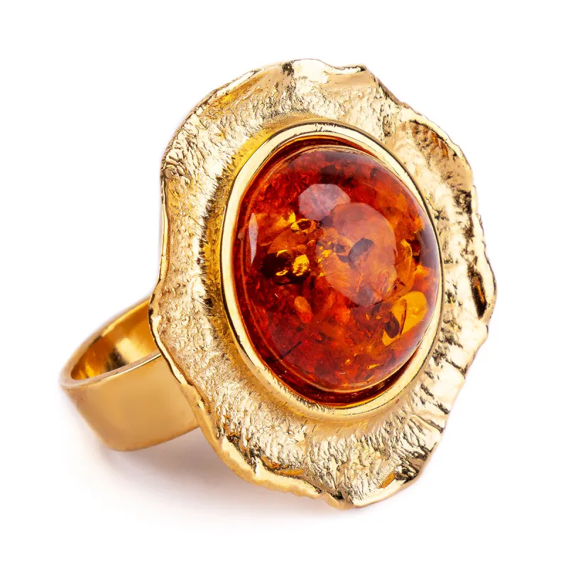 Epic Round Sterling Silver with 24ct Gold & Cognac Amber Ring made by Henryka