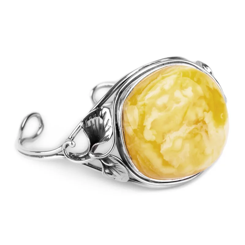 Artisan-Crafted Statement Bracelet in Silver with Milky Baltic Amber made by Henryka