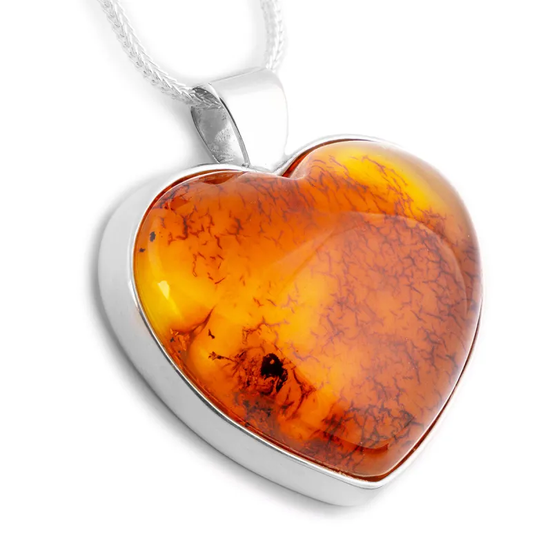 Heart Natural Amber and Silver Necklace - Natural Designer Gemstone made by Henryka