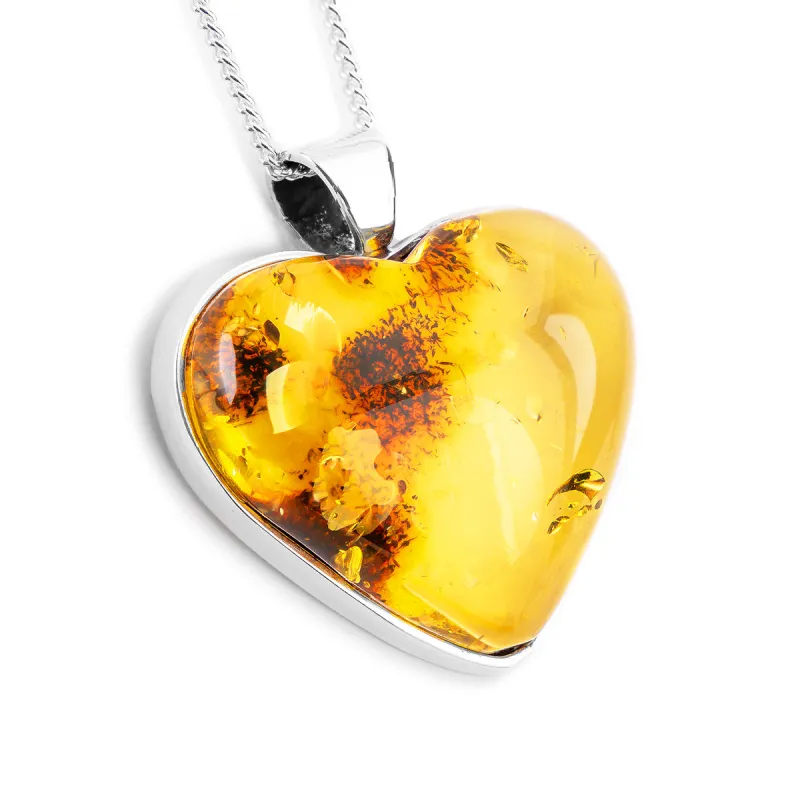 Natural Beauty Amber and Silver Heart Necklace - Natural Designer Gemstone made by Henryka