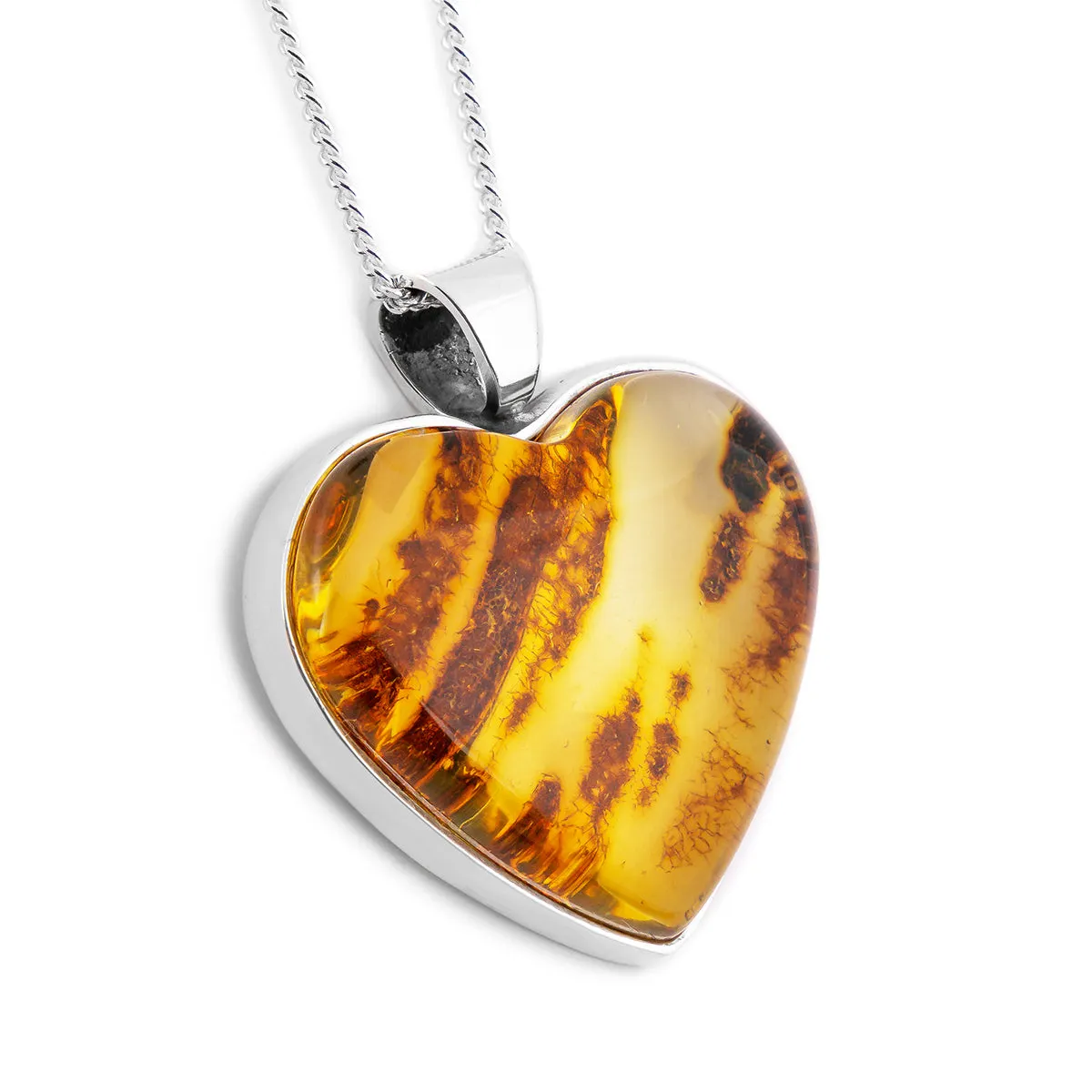 'Tiger Stripes' 3D Baltic Amber and Silver Heart Necklace - Natural Designer Gemstone sold by Henryka
