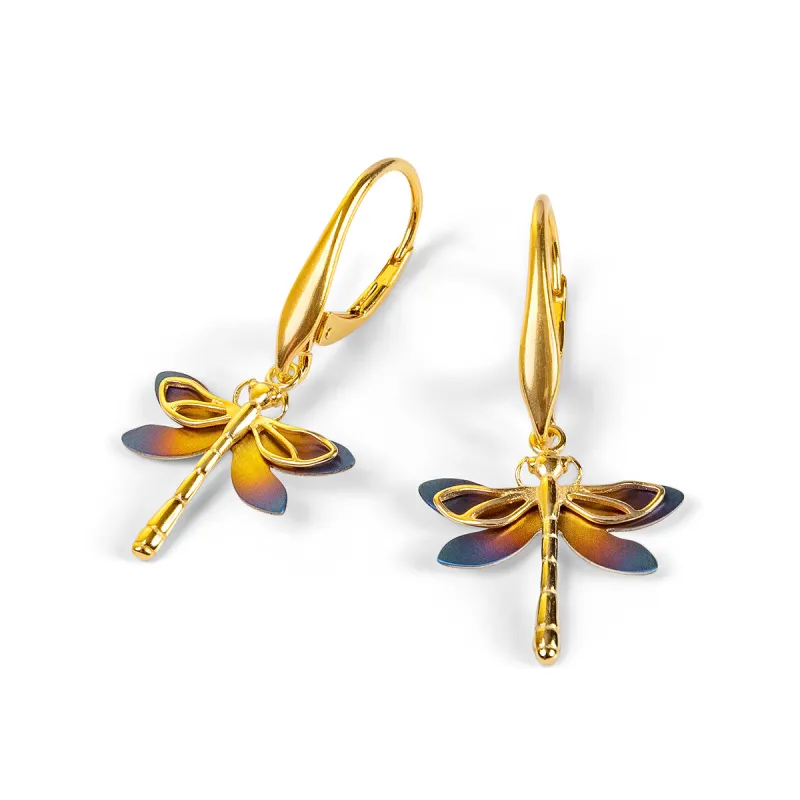 Dragonfly Drop Earrings in Titanium & Sterling Silver with 24ct Gold made by Henryka