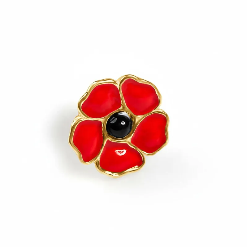 Hand-Painted Poppy Flower Pin in Silver with 24ct Gold and Amber made by Henryka