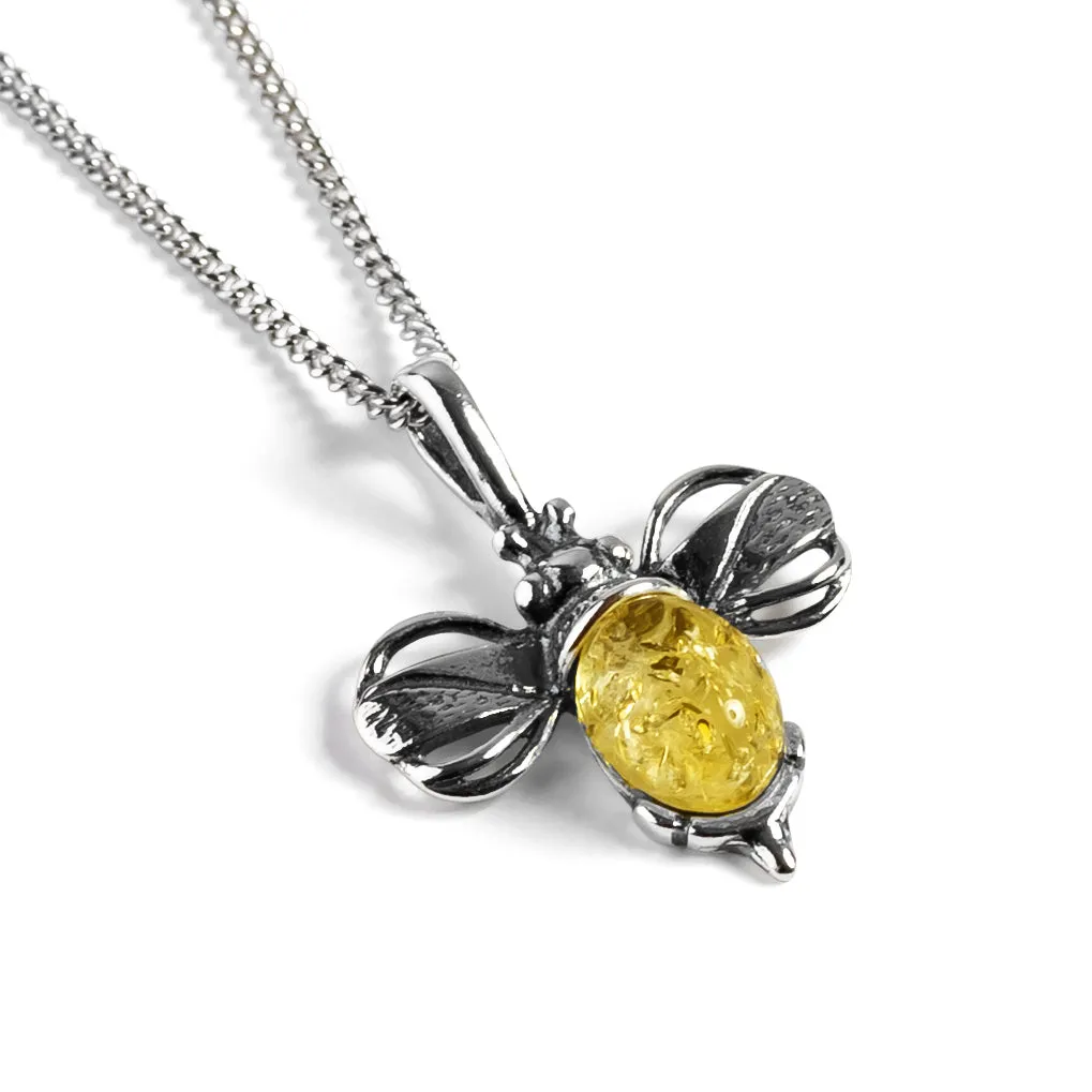 Miniature Bumble Bee Necklace in Silver and Yellow Amber sold by Henryka