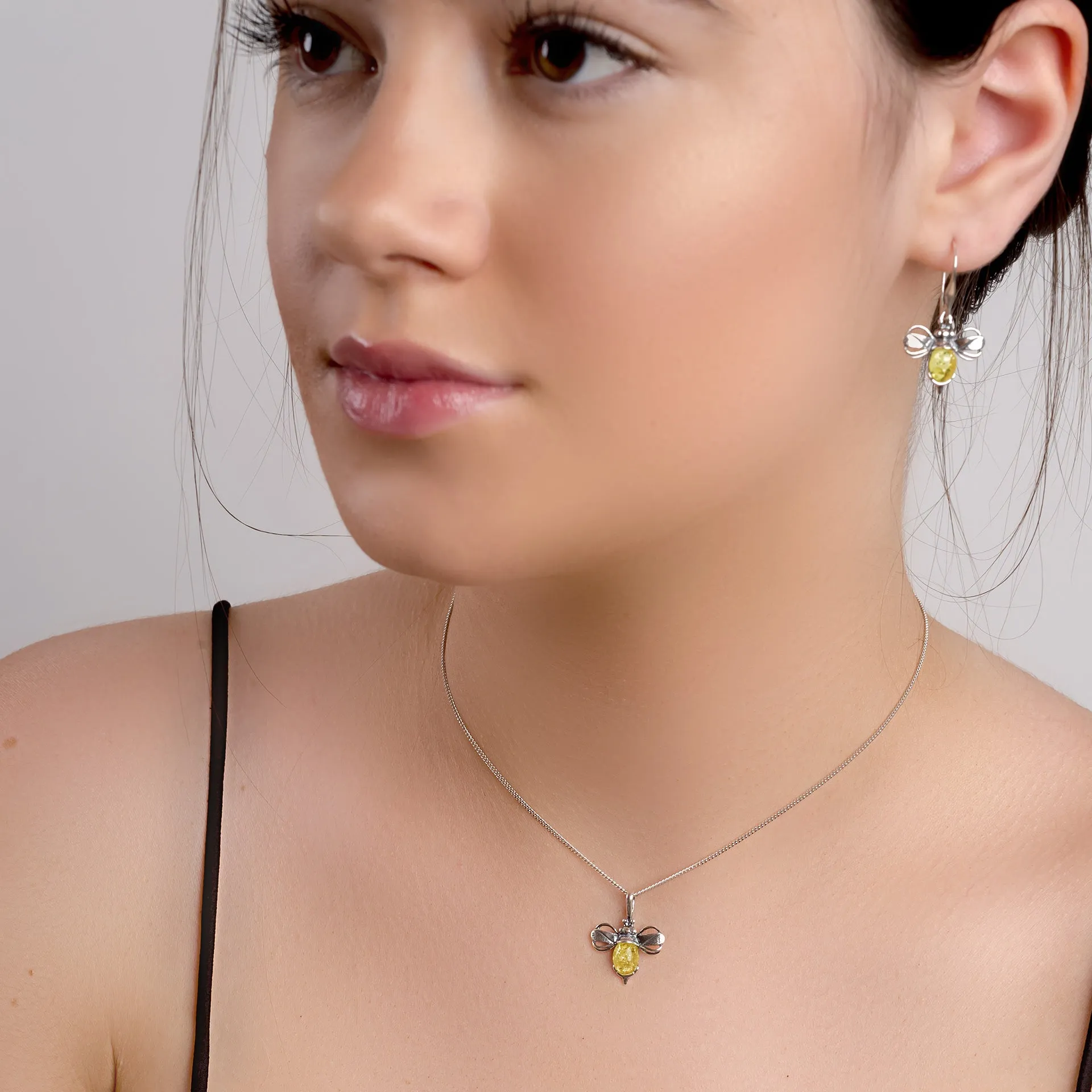 Miniature Bumble Bee Necklace in Silver and Yellow Amber sold by Henryka product image thumbnail 3