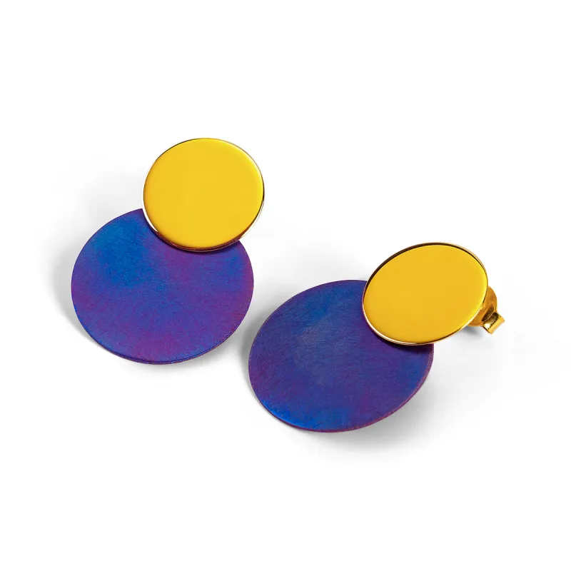 Double Disc Drop Earrings in Titanium & Sterling Silver 24ct Gold made by Henryka