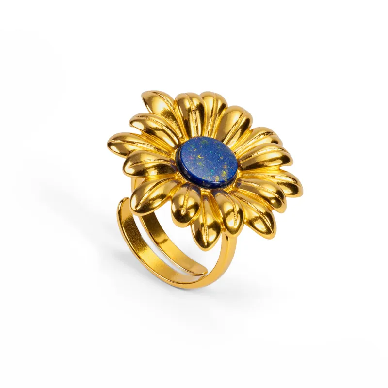 Marguerite Daisy Ring with Silver with 24ct Gold & Lapis Lazuli made by Henryka