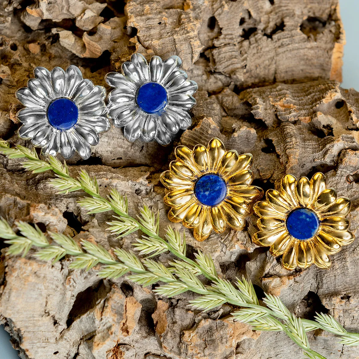 Marguerite Daisy Stud Earrings in Silver and Lapis Lazuli sold by Henryka product image thumbnail 2