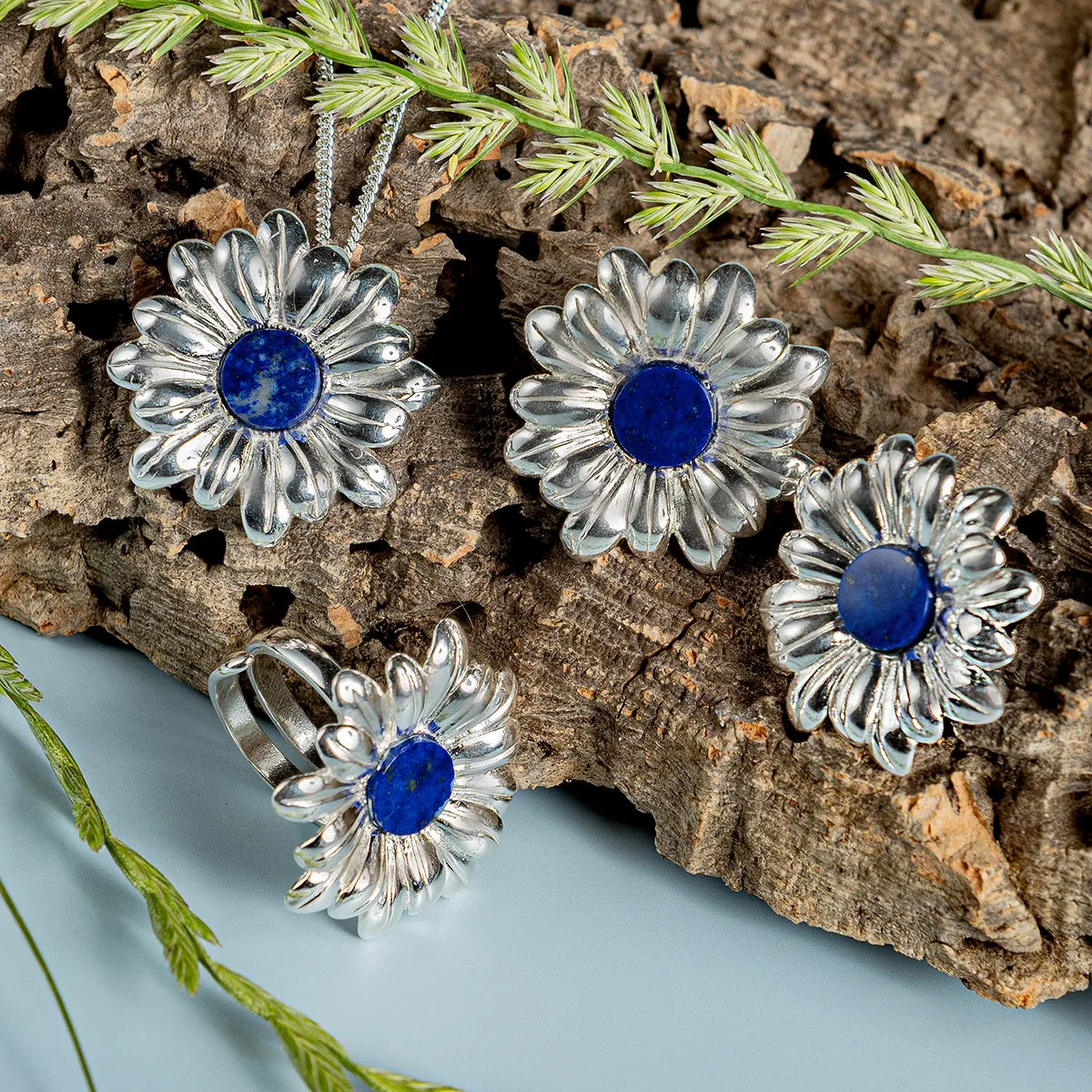 Marguerite Daisy Stud Earrings in Silver and Lapis Lazuli sold by Henryka product image thumbnail 3