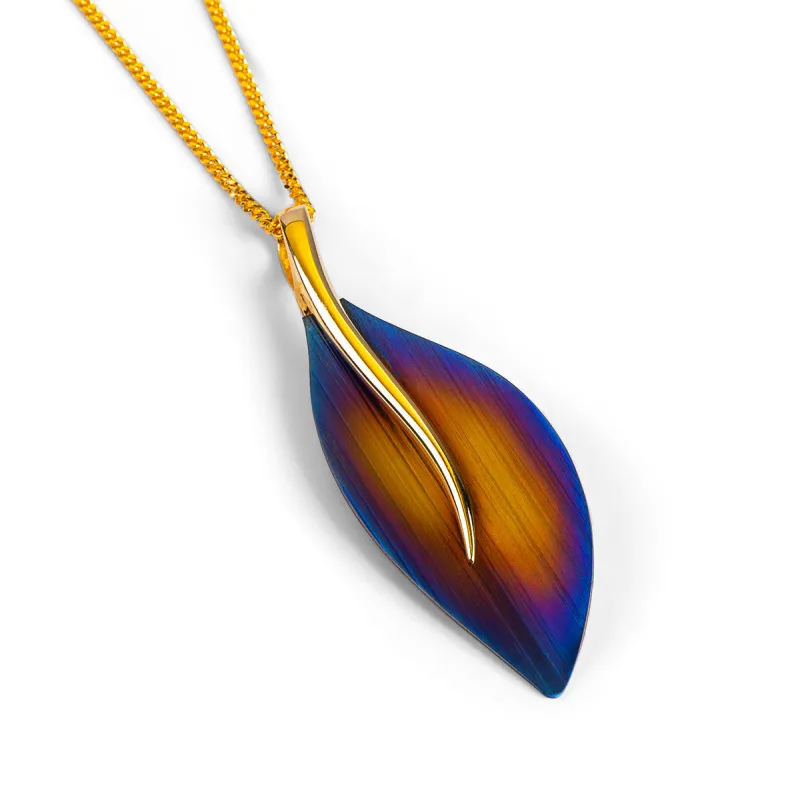 Long Leaf Necklace in Titanium & Sterling Silver with 24ct Gold made by Henryka