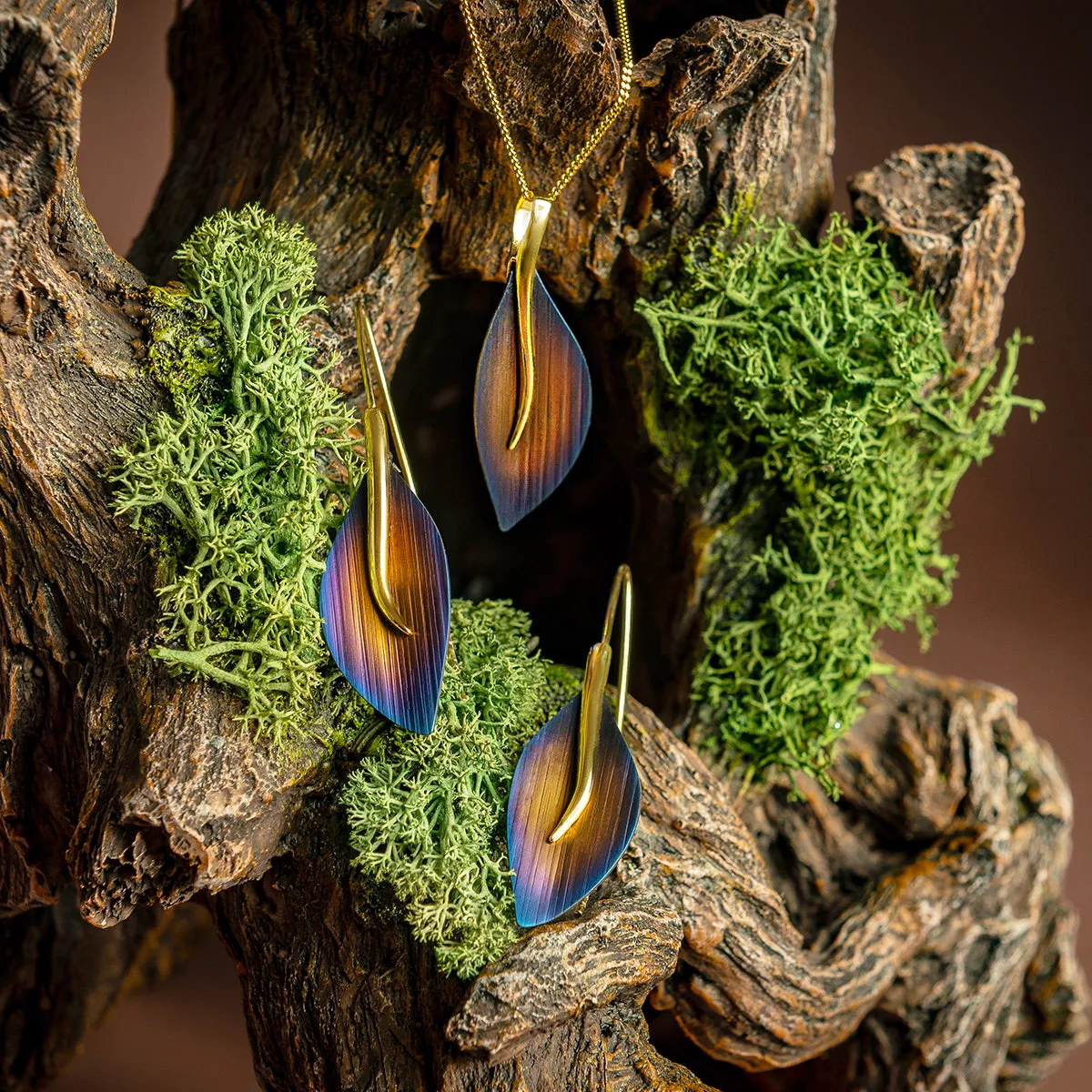 Long Leaf Hook Earrings in Titanium & Sterling Silver 24ct Gold sold by Henryka product image thumbnail 3