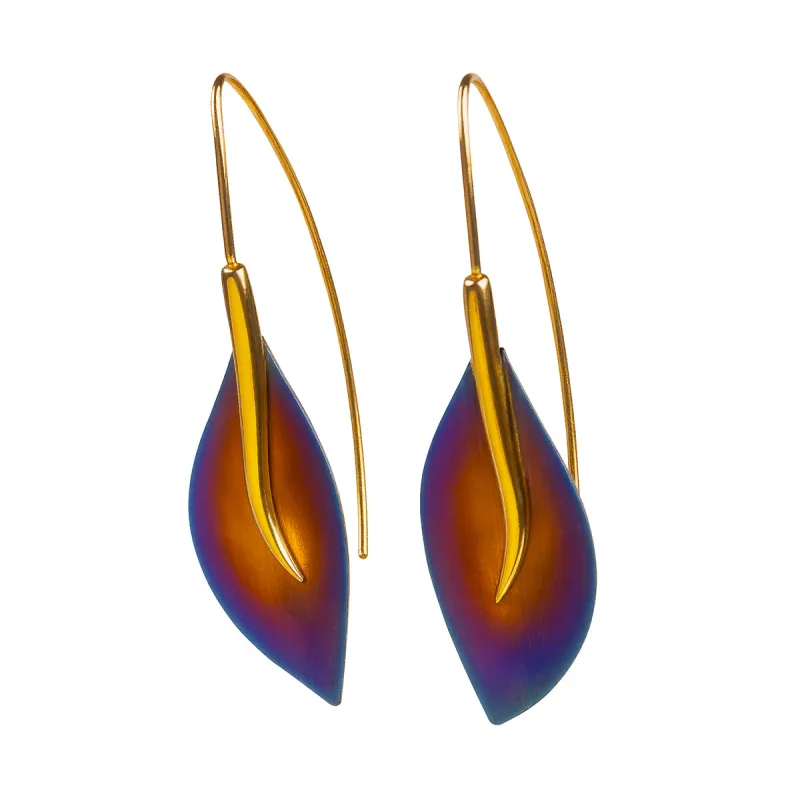 Long Leaf Hook Earrings in Titanium & Sterling Silver 24ct Gold made by Henryka